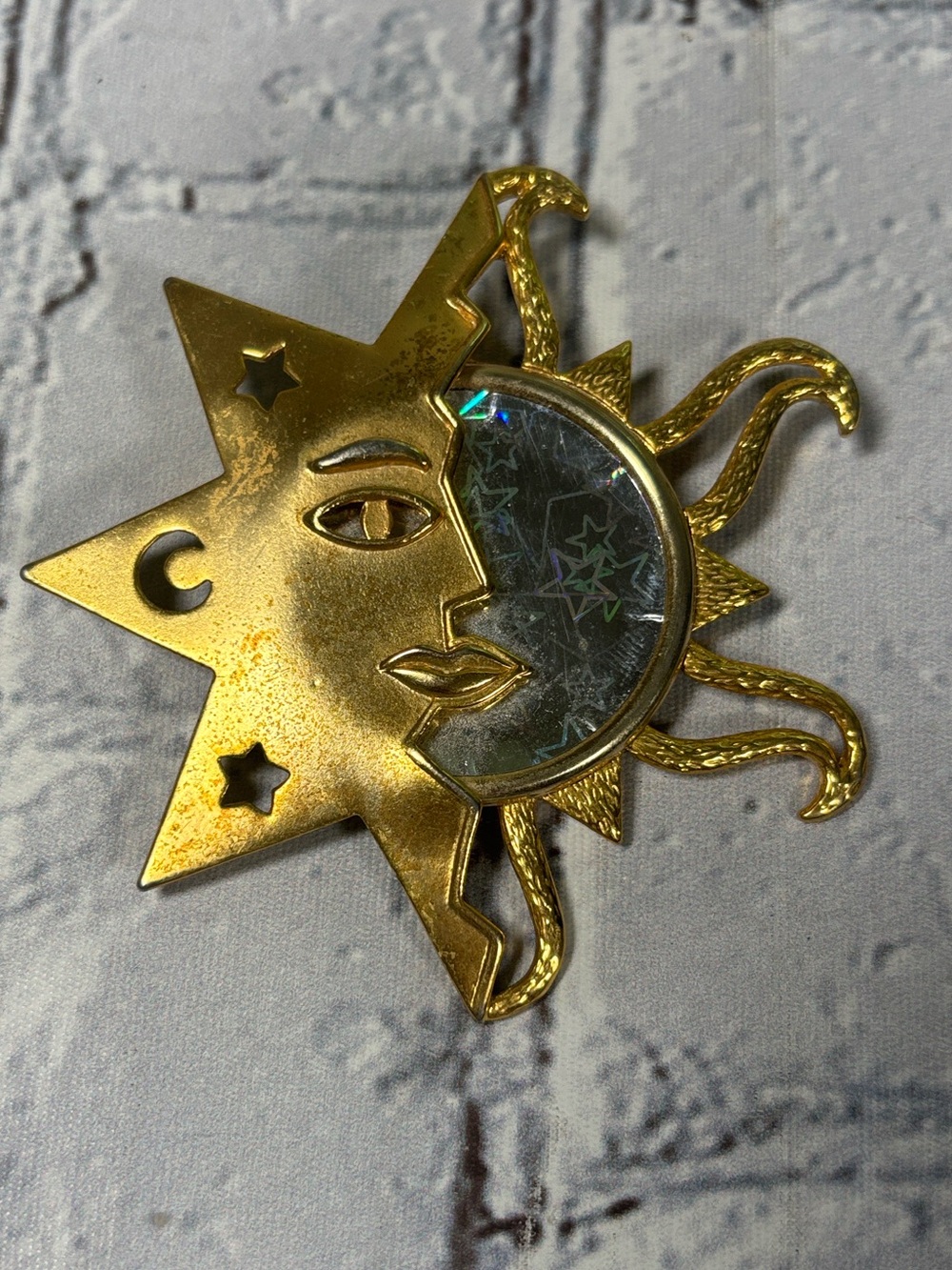 VTG JJ Jonette Signed Celestial Sun Moon Stars Gold Tone Pin Brooch 3"